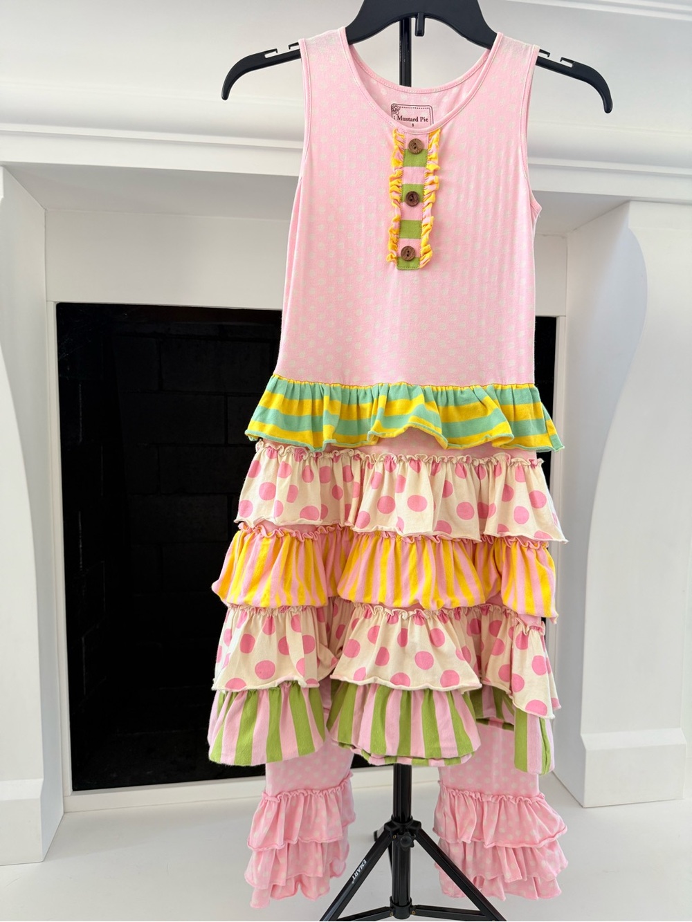 Mustard Pie Pink, Yellow & Green Ruffle Tank Tunic with Polka Dot Capri Set